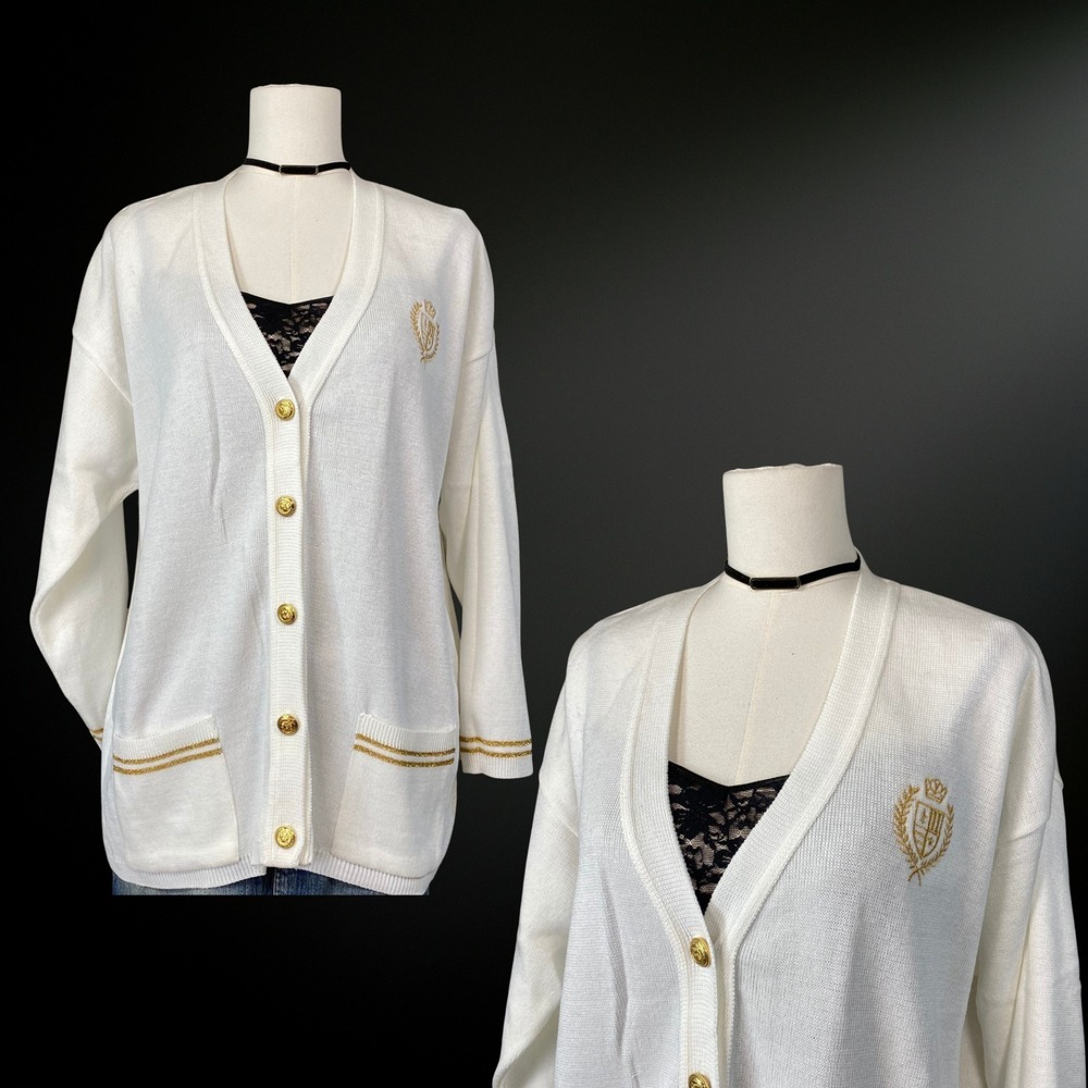 Vintage Womens Preppy Button Up Cardigan Size M Tennis Prep Old Money Crest Twee